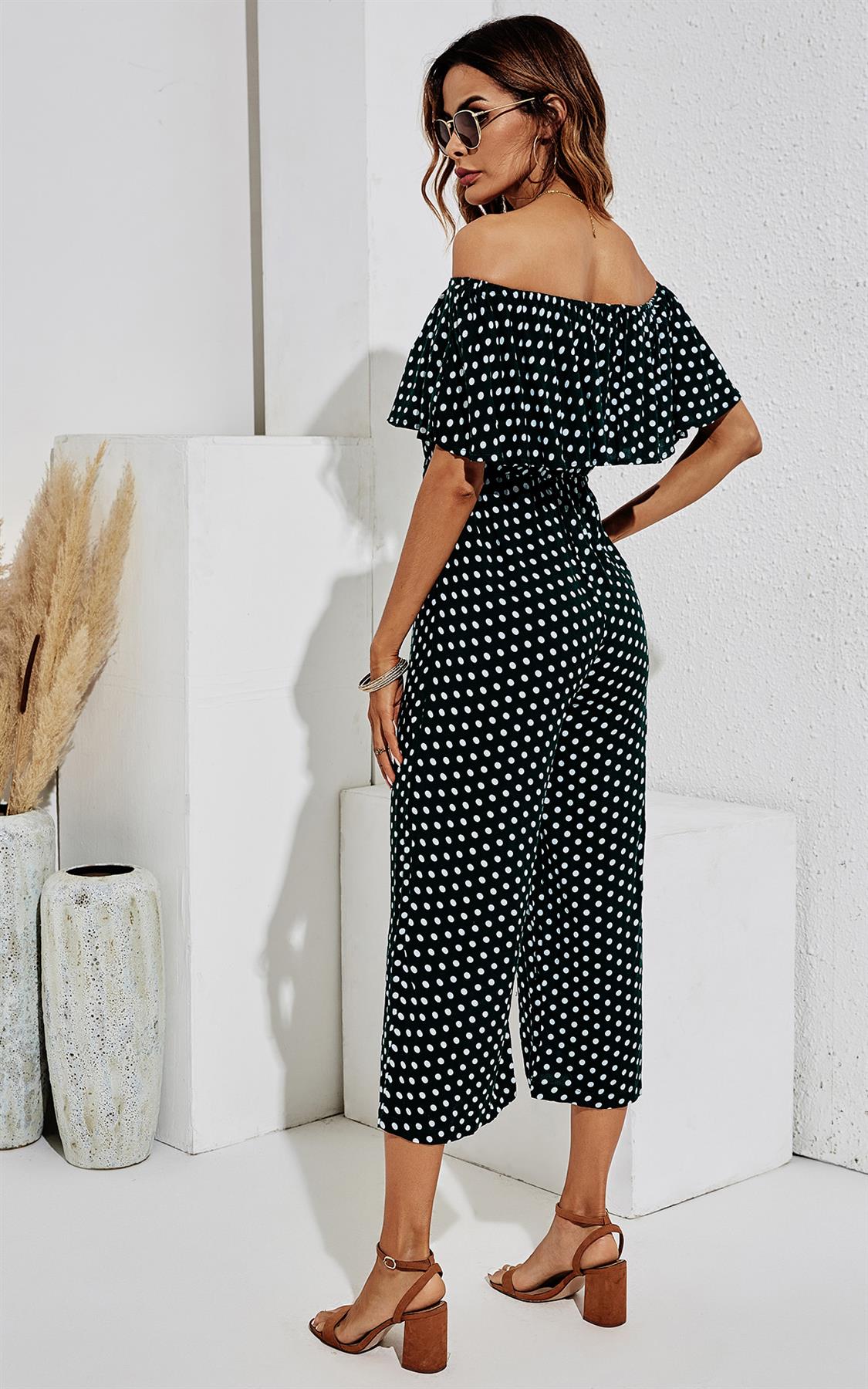 Off The Shoulder Frill Jumpsuit In Black & White Polka Dot