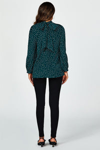 Polka Dot Print Long Sleeve Back Tie Blouse Top In Green