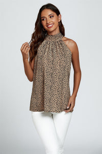 Leopard Print Halter Neck Tie Back Top In Beige