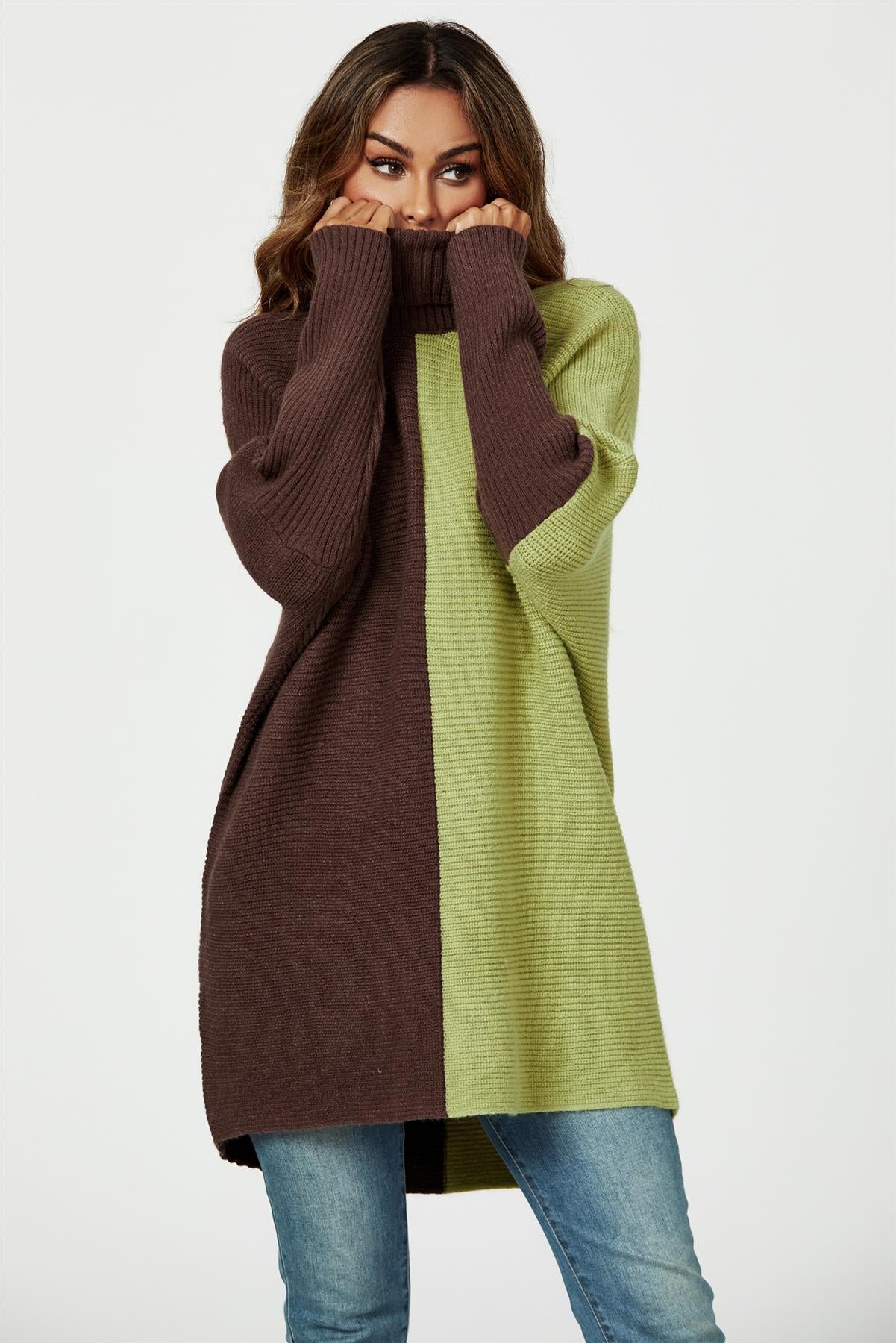 High Neck Half Brown & Green Block Colour Jumper Top