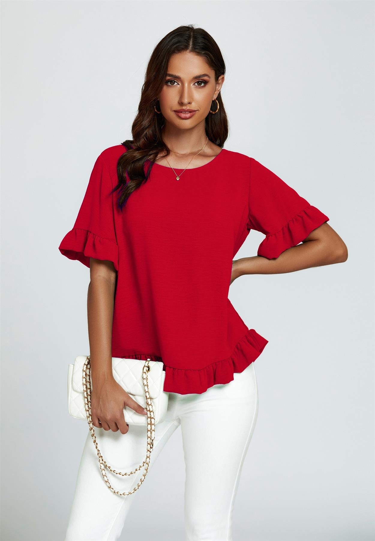 Frill Detail Short Sleeves Top In Red