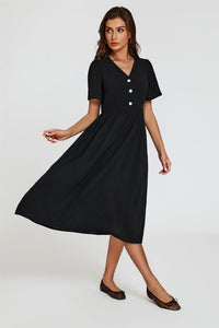 Button Front Midi Dress In Black