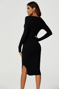 Long sleeved Knit Midi Dress In Black