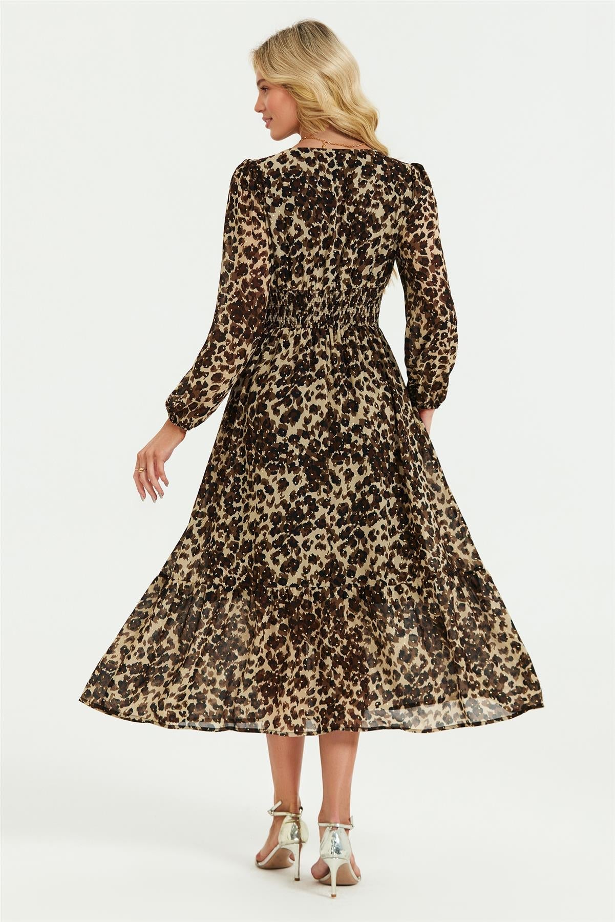 Leopard Print Foil Lace Trim Long Sleeve Maxi Dress In Brown