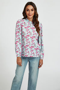 Floral Print Frill Detail High Neck Top In Blue & Pink