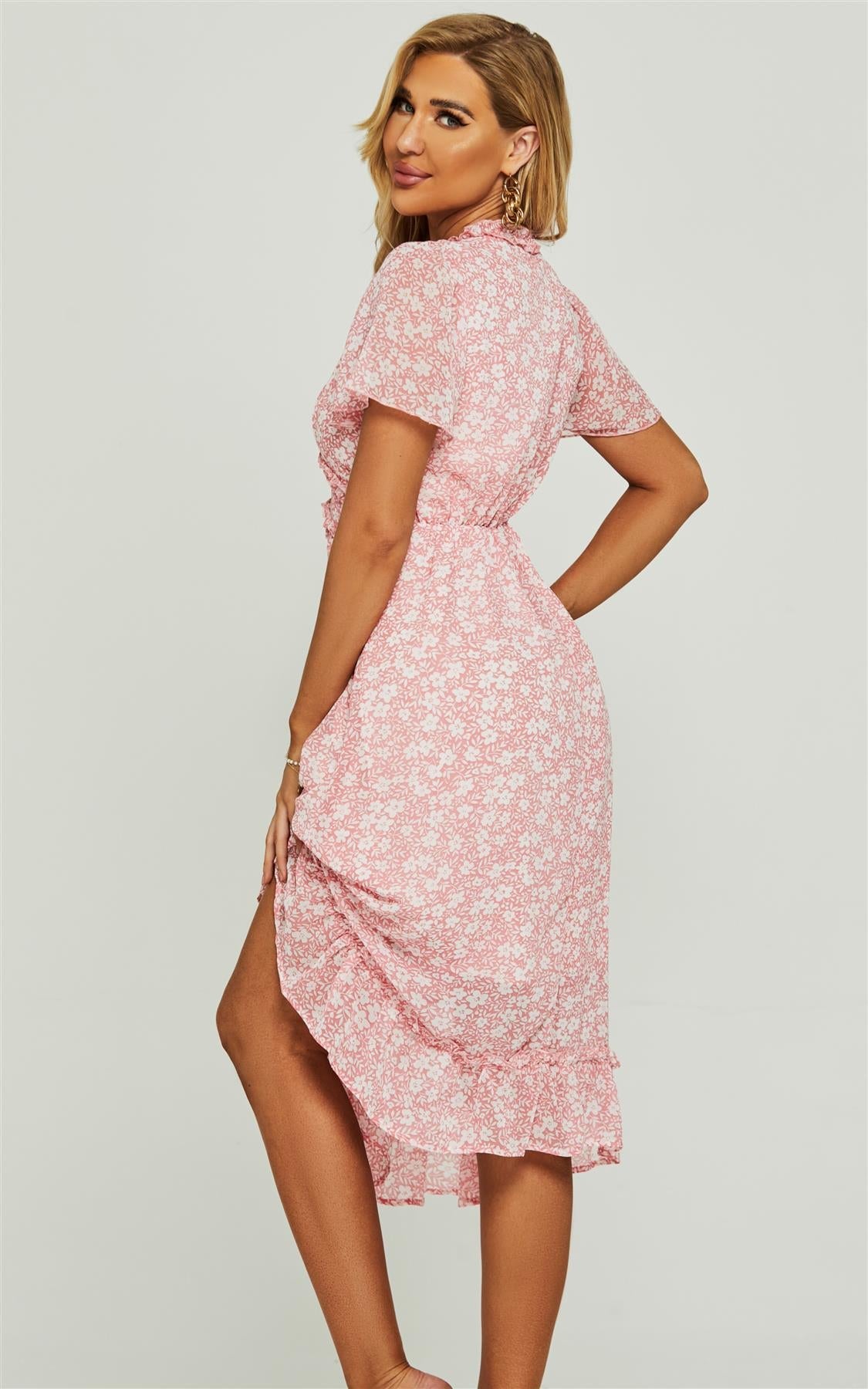 Angel Sleeve Frill Detail V Neck Midi Dress In Pink Flora Print