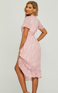 Angel Sleeve Frill Detail V Neck Midi Dress In Pink Flora Print