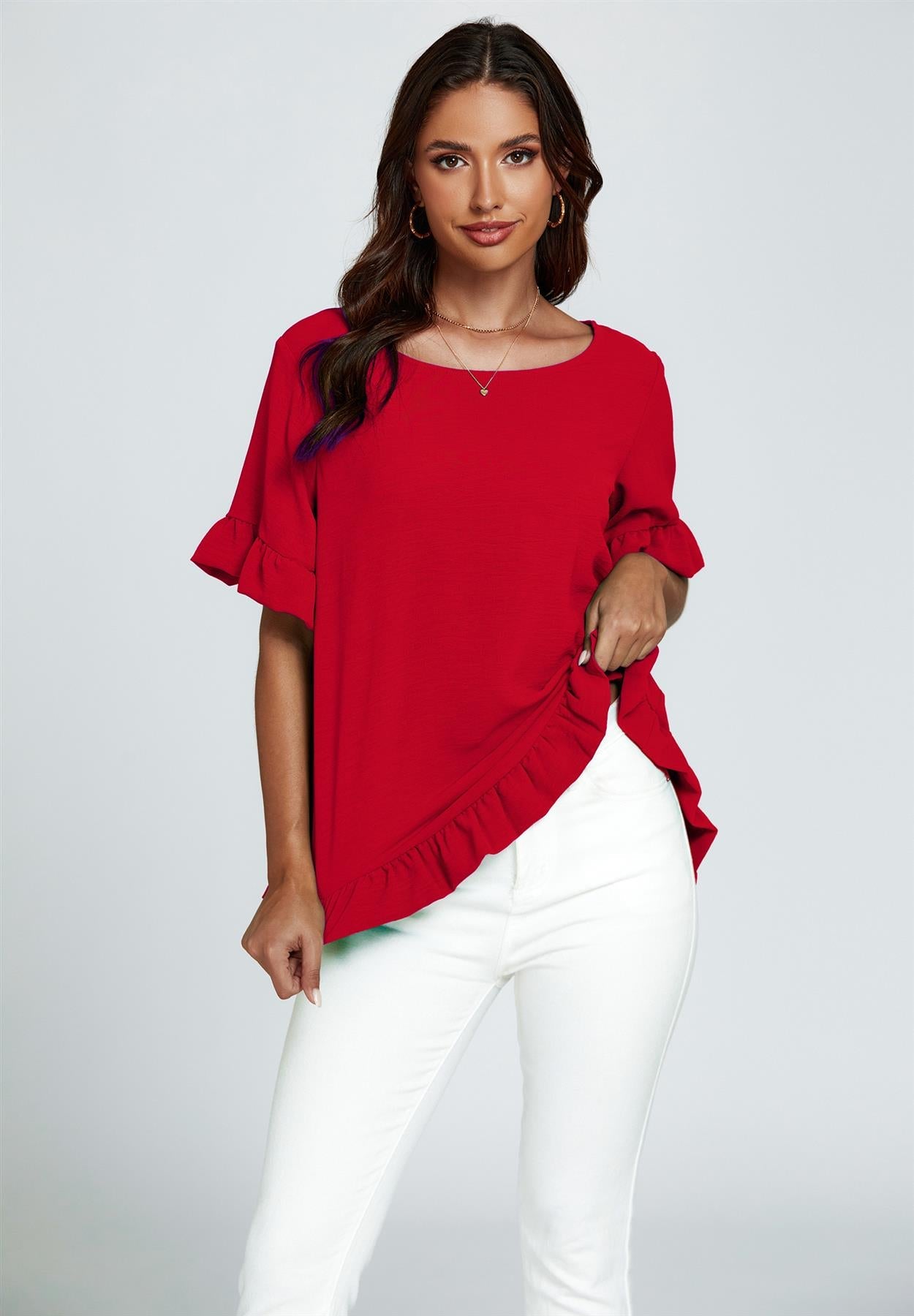 Frill Detail Short Sleeves Top In Red