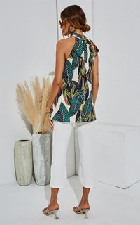 Leaf Print Halter Neck Tie Back Top In Green