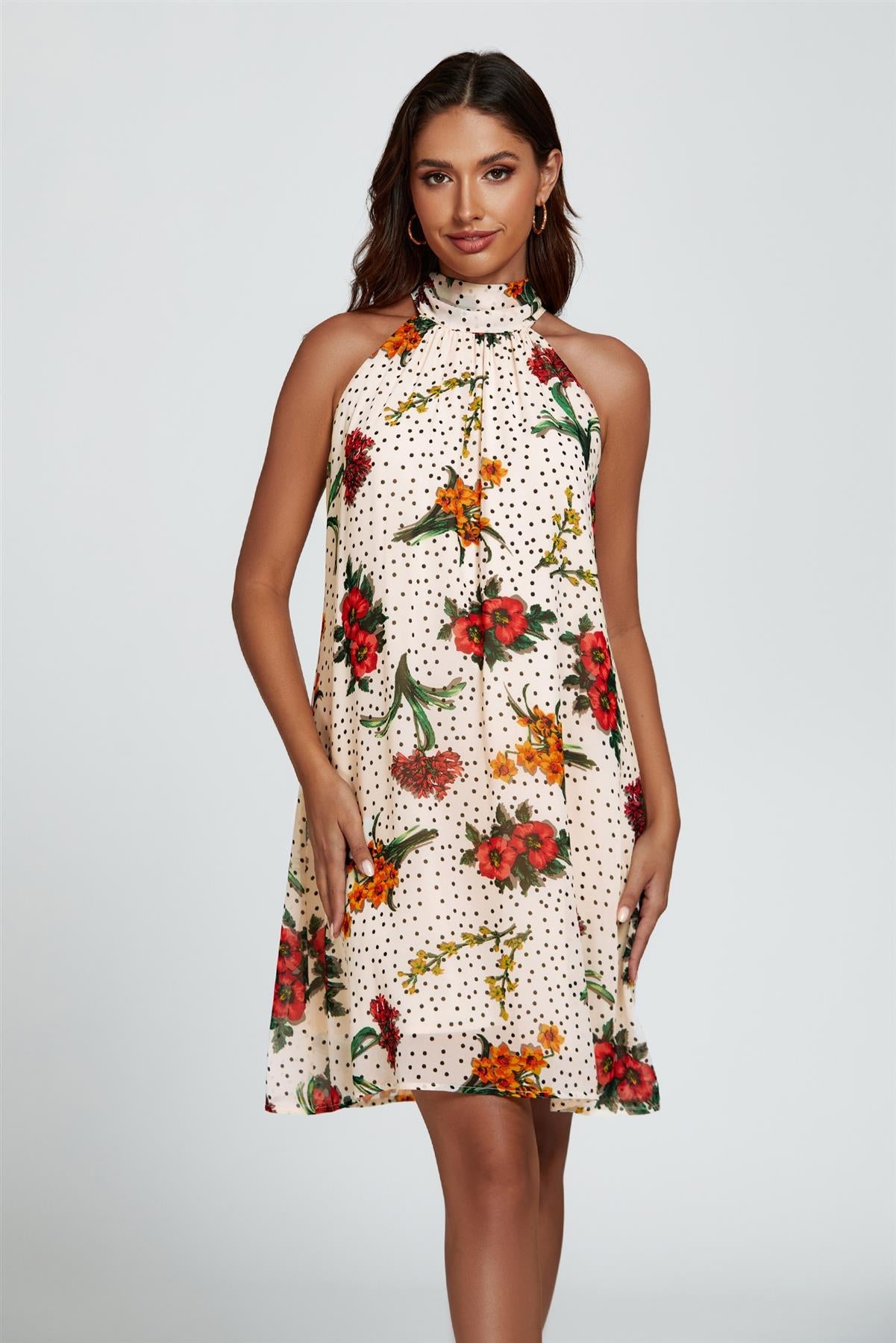 Floral Print Halter Neck Tie Back Mini Dress In Off White