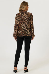 Leopard Print Foil Long Sleeve High Neck Top In Brown