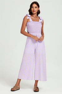 Check Print Tie Detail Jumpsuit In Purple & Pink