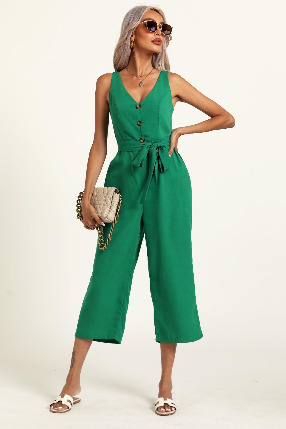 V Neck Cut Detail Jumpsuit In Green
