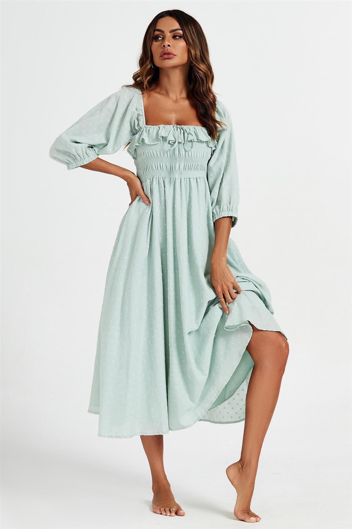 Frill Detail Square Neckline Midi Dress In Light Green