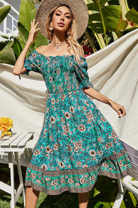 Floral Print Boho Bardot Midi Dress In Green