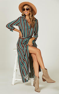 Stripe Print Maxi Shirt Dress In Navy