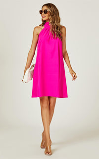 Halter Neck Tie Back Mini Dress In Magenta