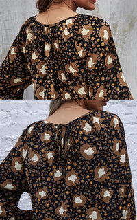 Gold Animal Print Smock Ruffle Top In Black