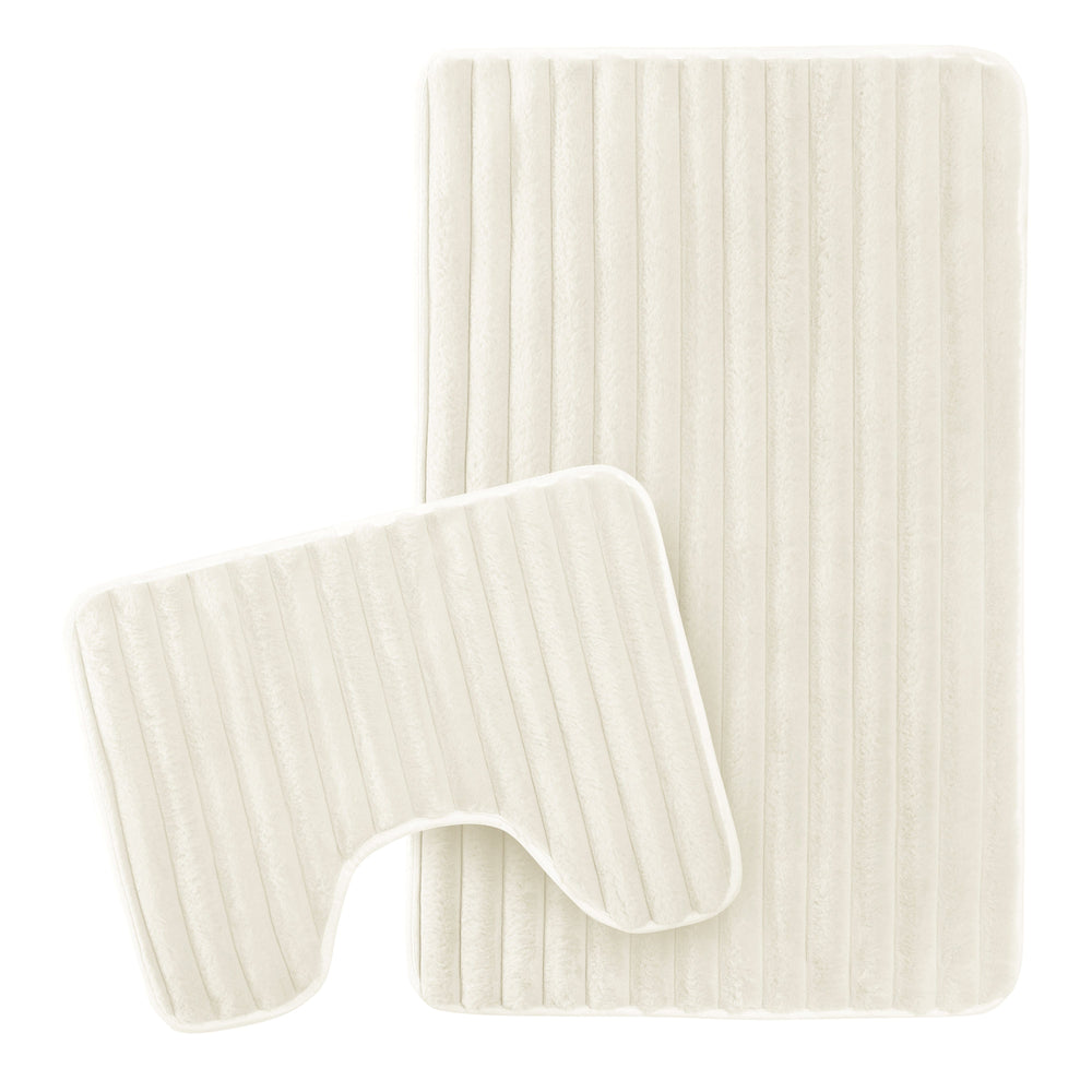 2 Piece Ribbed Bath Mat Set in Cream Extra Soft Non Slip Super Absorbent Bathroom & Toilet Mats Easy Care Rug by OLIVIA ROCCO