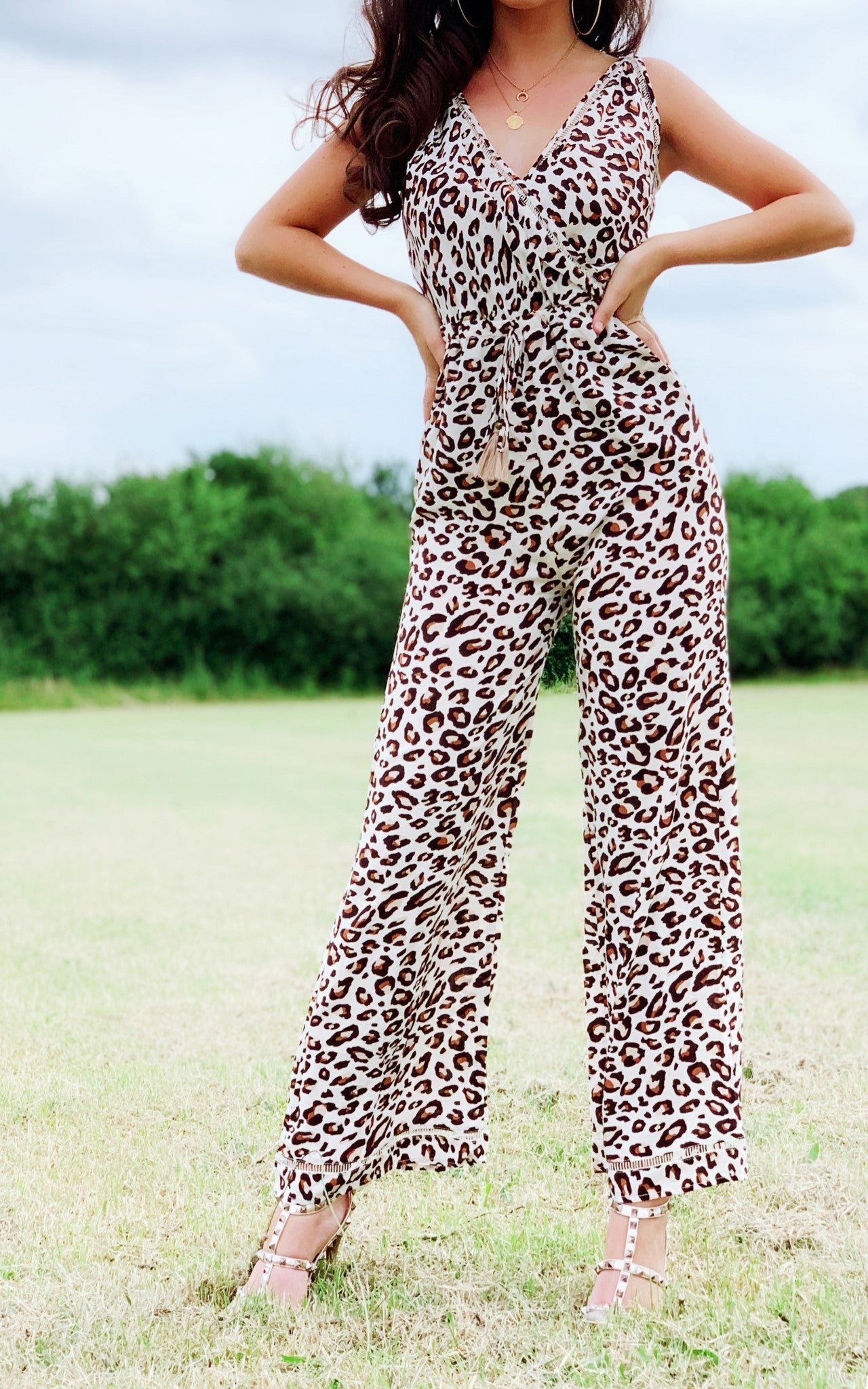 V Neck Wrap Straight Leg Jumpsuit In Brown Animal Print