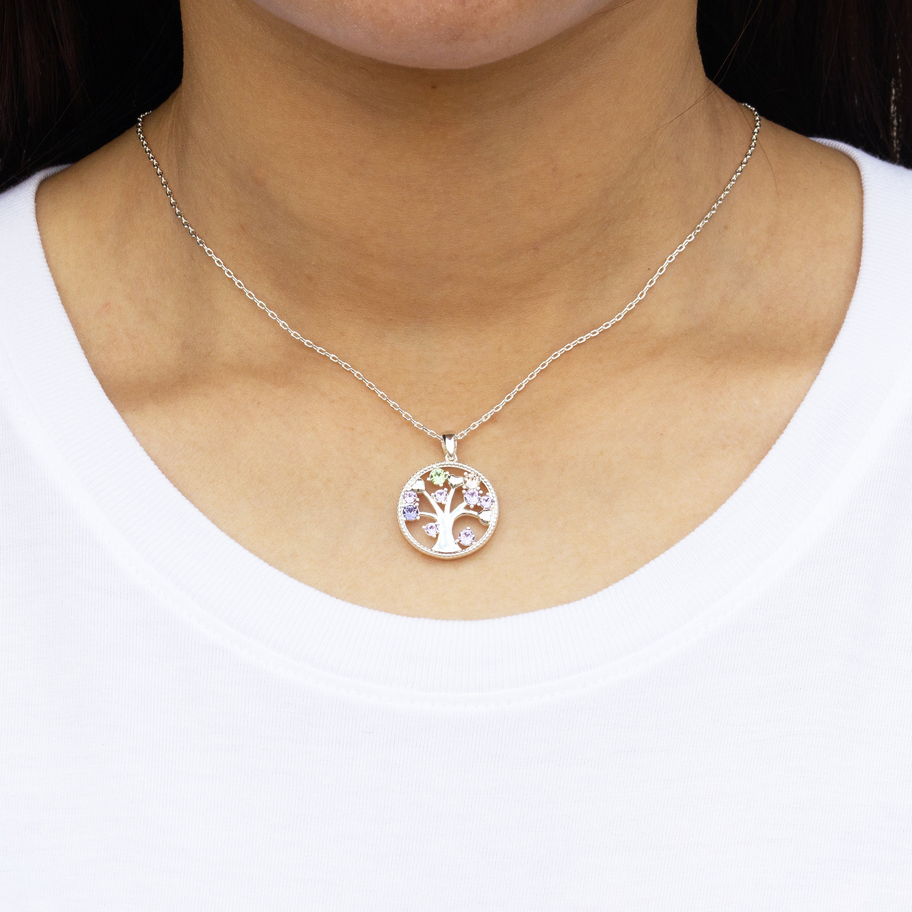 Silver Plated Chakra Tree of Life Necklace Created with Zircondia® Crystals