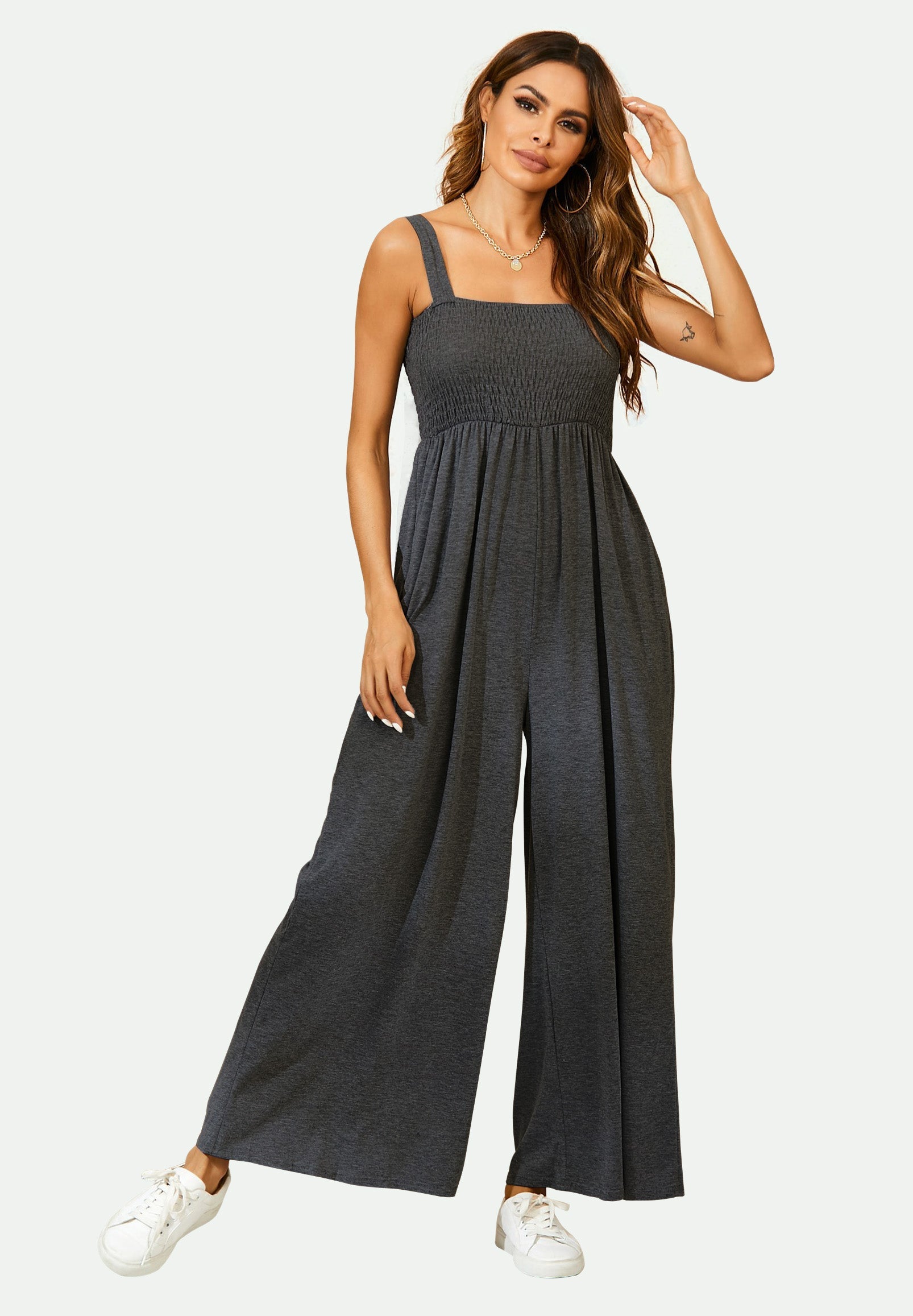 Strappy Bardot Loungewear Jumpsuit In Charcoal Grey