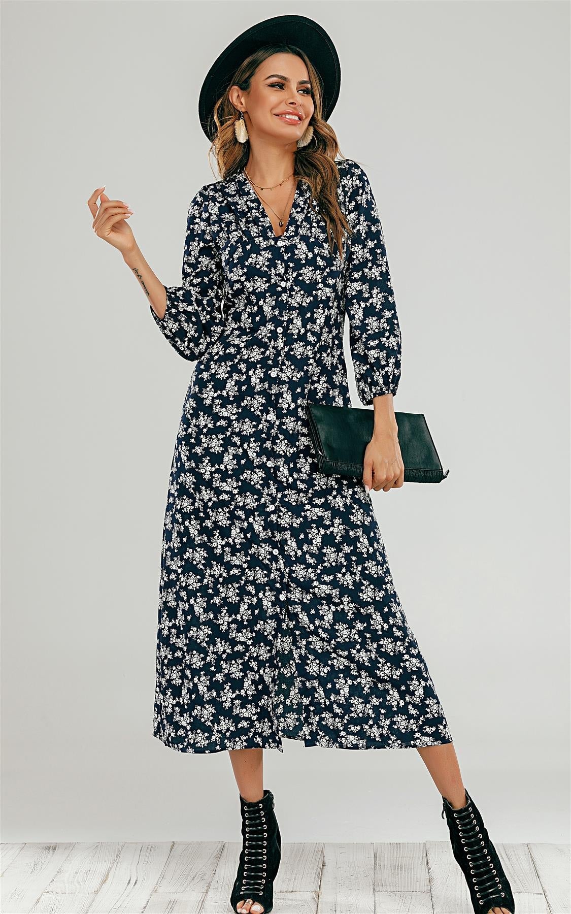 Navy Floral Ditsy Empire Waist Midi Dress