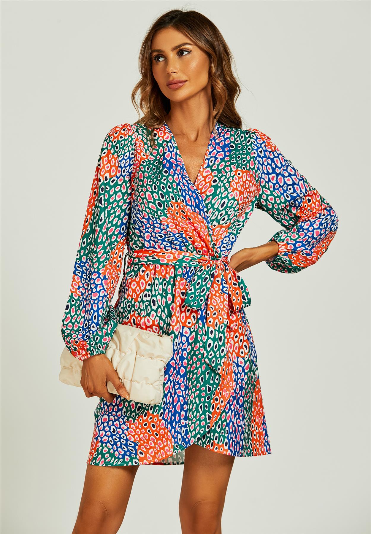 Leopard Print Wrap Mini Dress In Blue