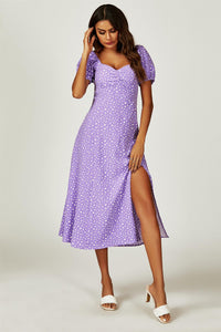 Puff Sleeve Heart Neckline Midi Dress In Purple