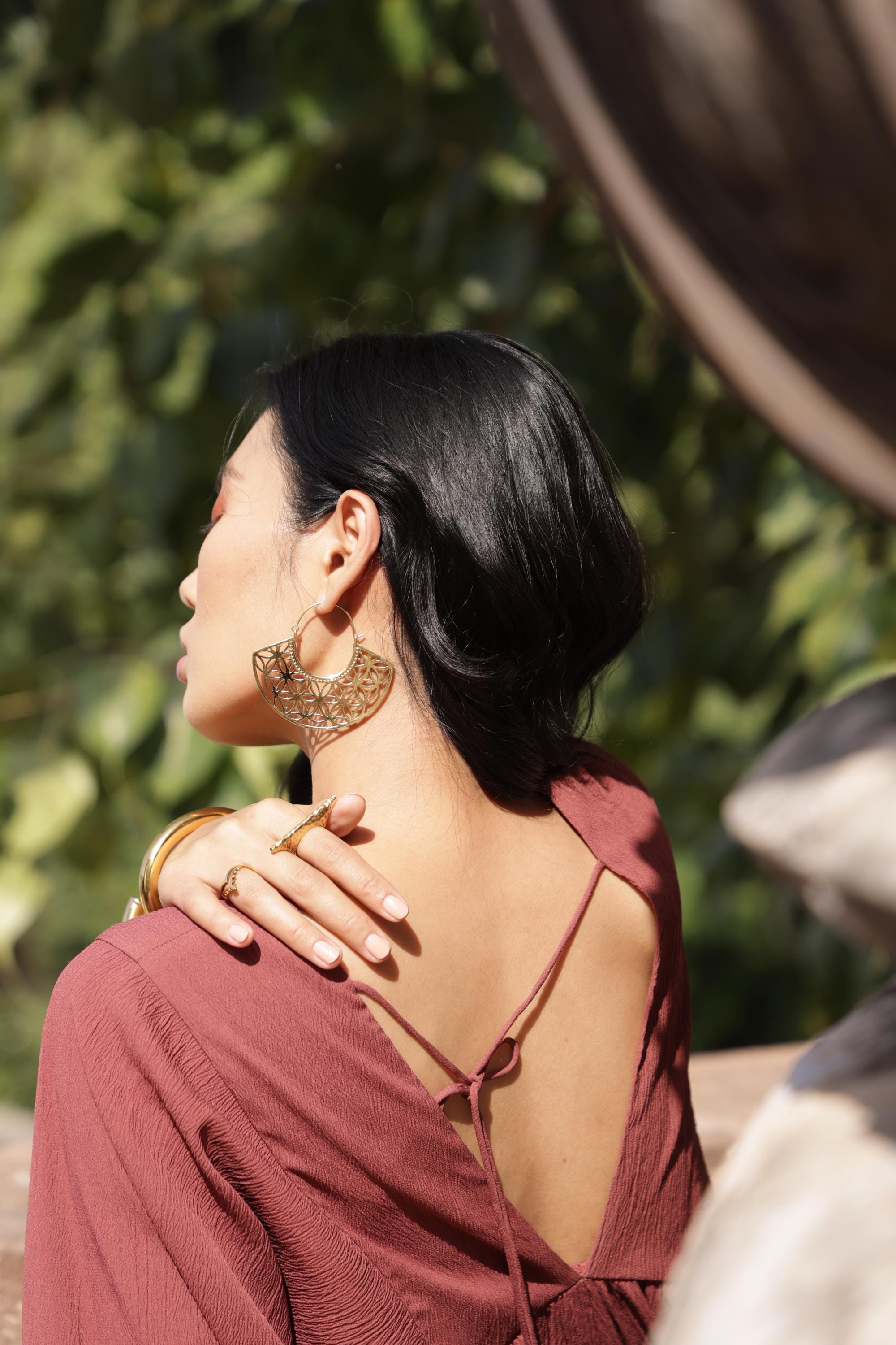 Geometric Petal Hoops – Brass Cutwork Mandala Earrings.
