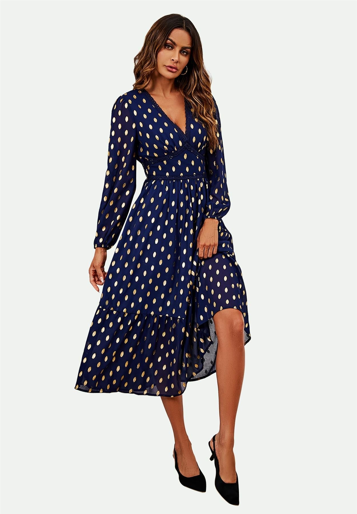 Lace Trim Foil Long Sleeve Maxi Dress In Navy