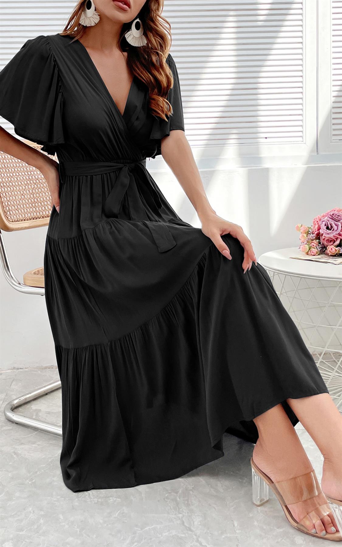 Flutter Sleeve Midi Wrap Dress In Black