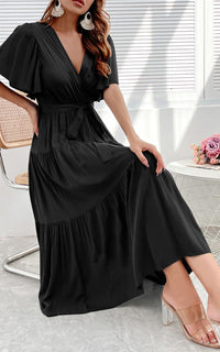 Flutter Sleeve Midi Wrap Dress In Black