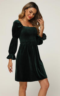 Velvet Square Neck Puff Sleeve Mini Dress In Forest Green