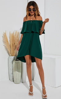 Bardot Frill Off Shoulder Mini Dress In Green