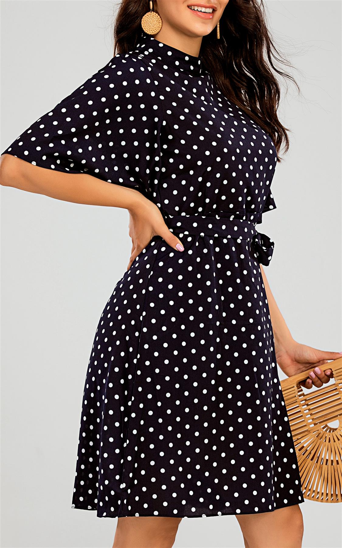 High Neck Mini Dress With Frill Hem And Black & White Polka Dot