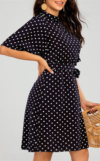 High Neck Mini Dress With Frill Hem And Black & White Polka Dot