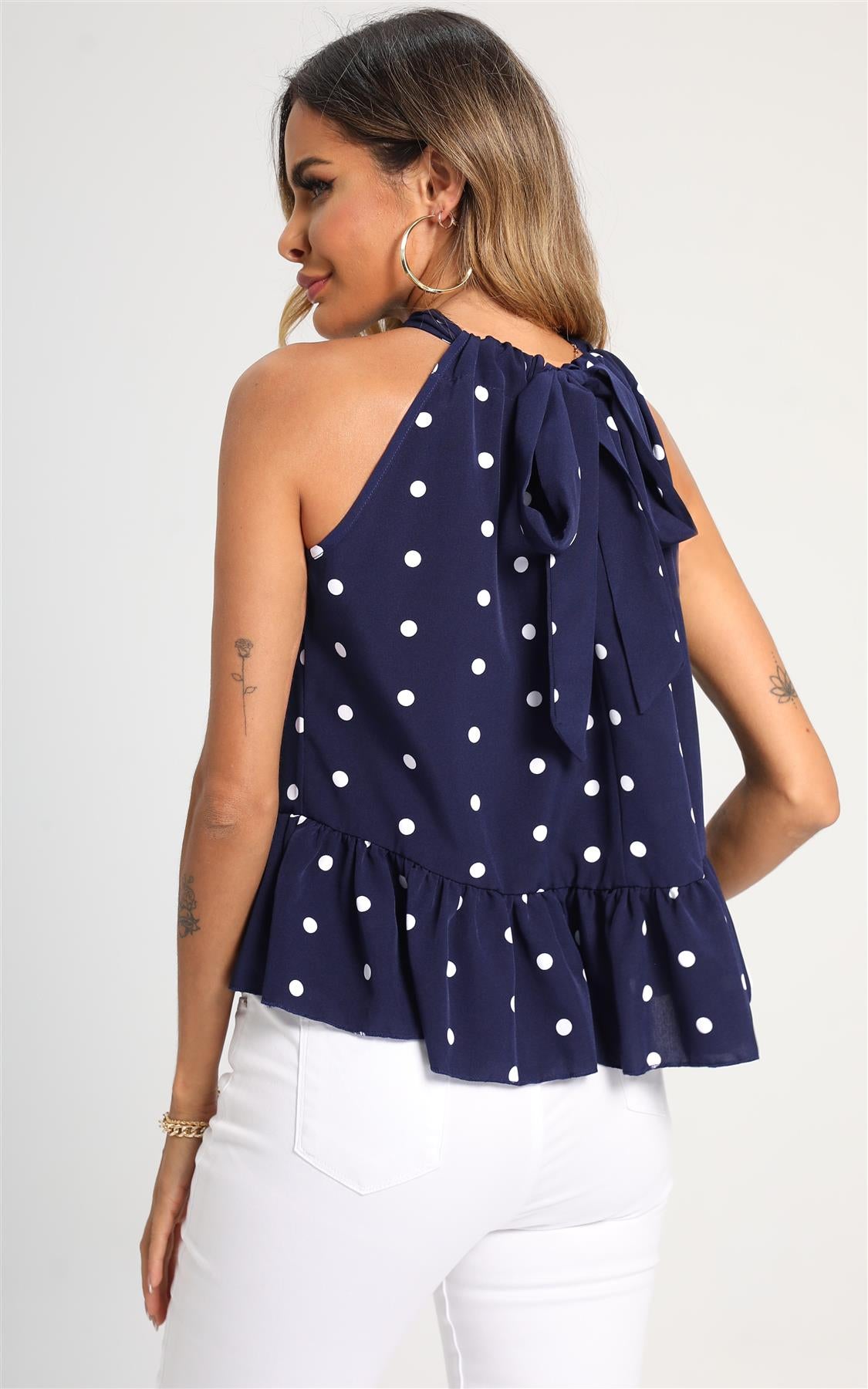 Hem Frill Detail Halter Neck Tie Back Top In Navy