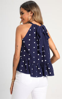 Hem Frill Detail Halter Neck Tie Back Top In Navy