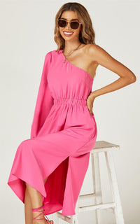 One Shoulder Split Leg Midi Dress In Fuchsia Print