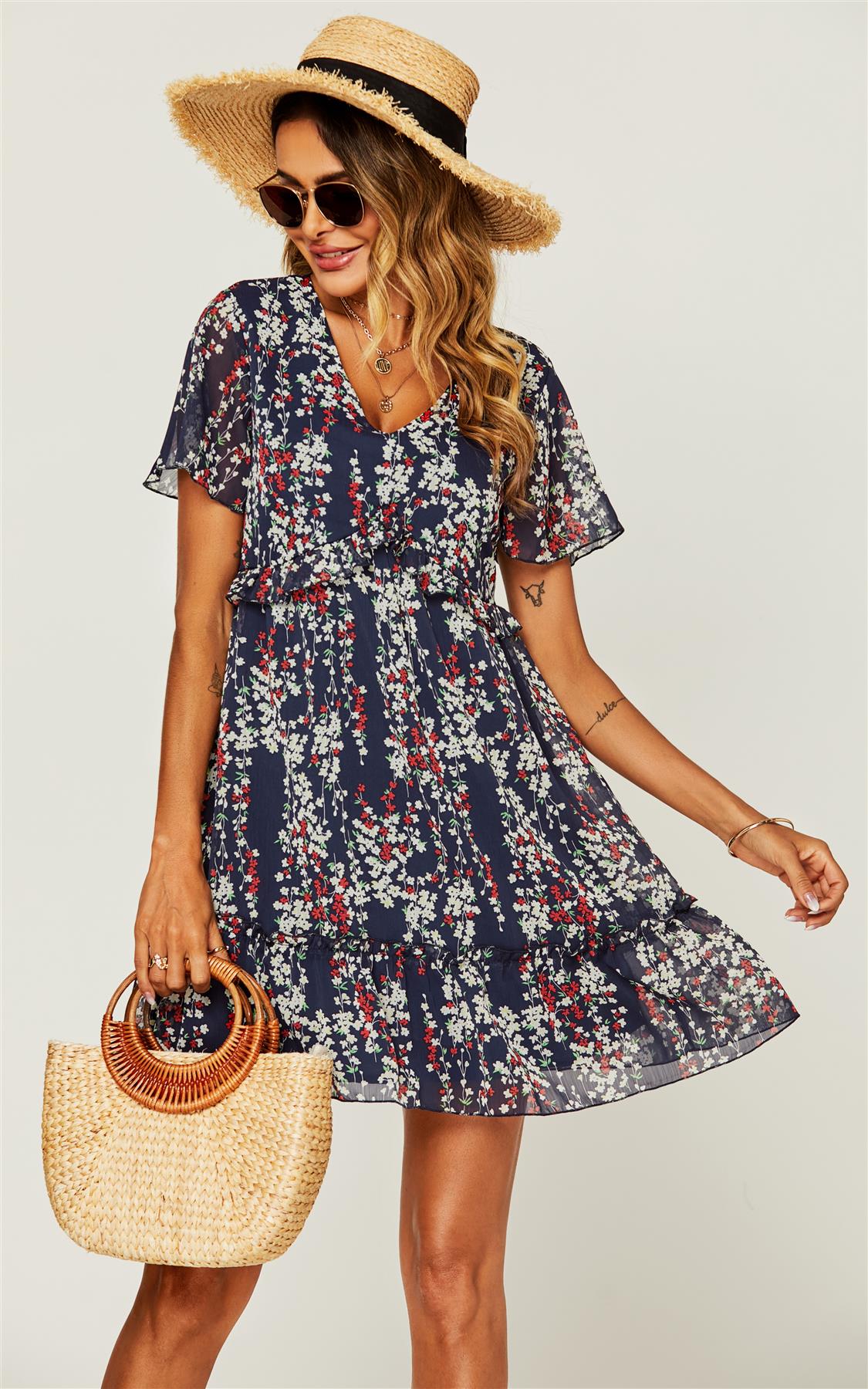 Flora Print V Neck Angel Sleeve Summer Mini Dress In Navy