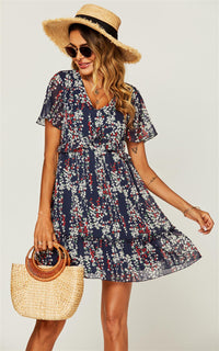 Flora Print V Neck Angel Sleeve Summer Mini Dress In Navy