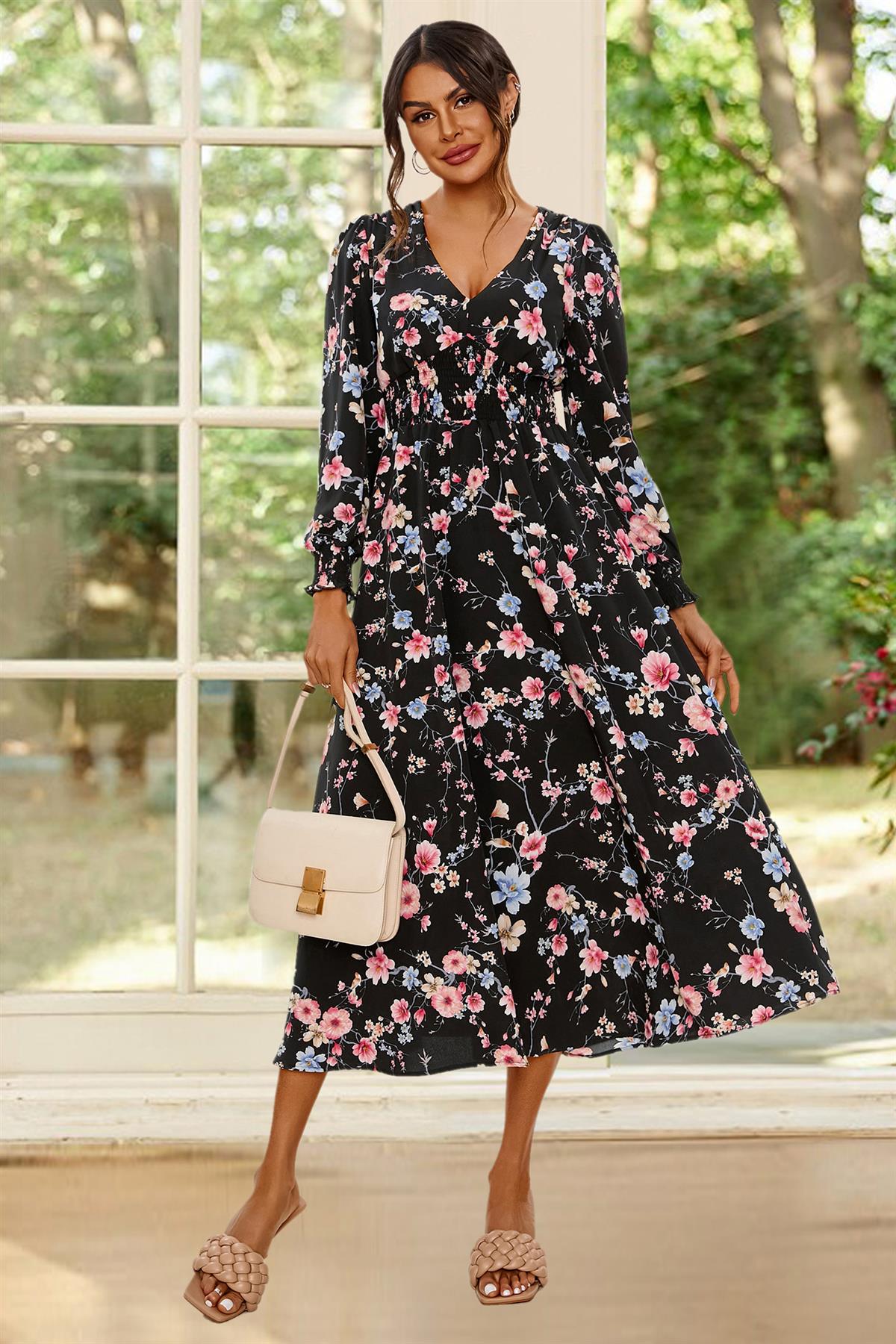 Floral Print Long Sleeve Midi Dress In Black