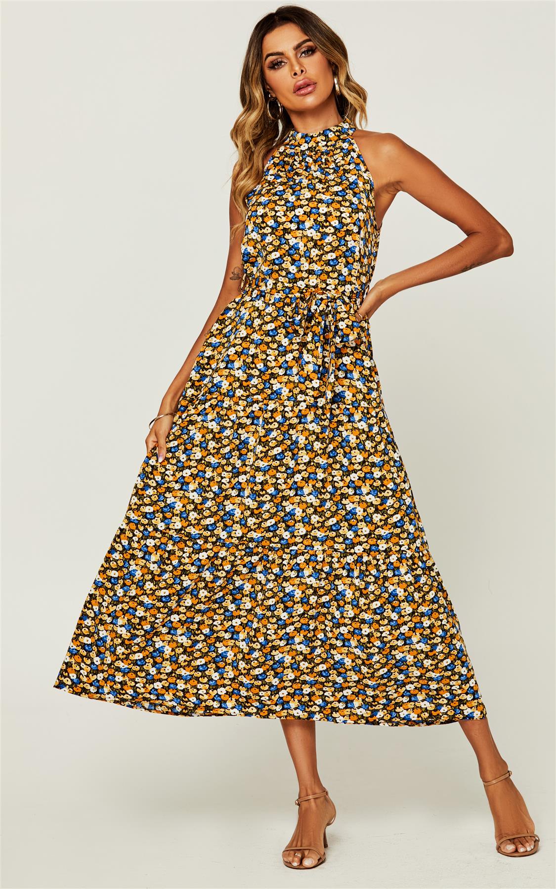 Flora Print Halter Neck Maxi Layer Dress In Black