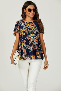 Floral Print Hem Tiered Smock Short Sleeve Blouse Top In Navy