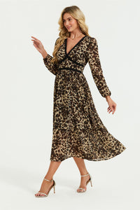 Leopard Print Foil Lace Trim Long Sleeve Maxi Dress In Brown