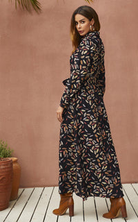 Leaf Print Black Shirt Dress With Tie Waist + Free Gold Stretch Leaf Belt