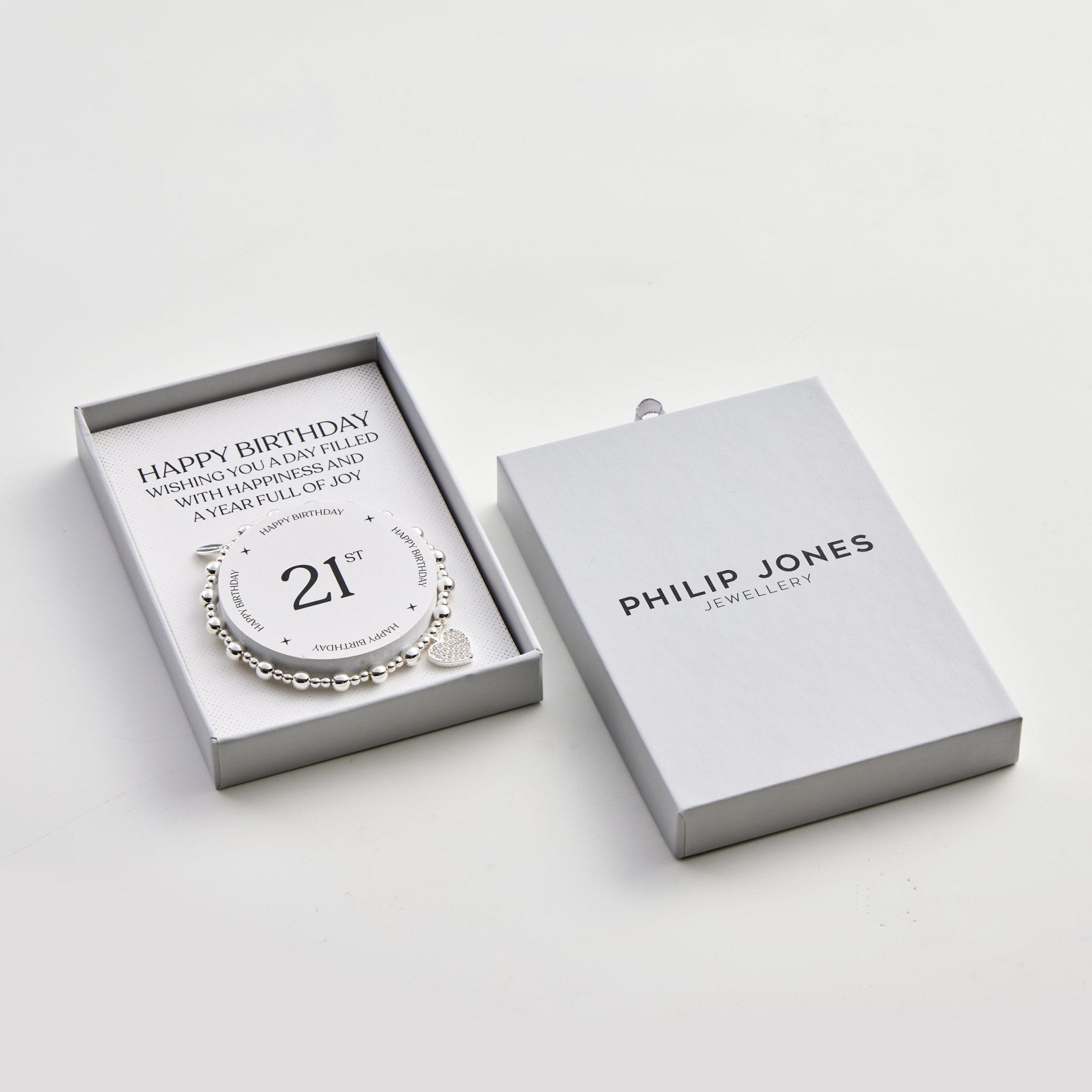 21st Birthday Heart Charm Stretch Bracelet with Quote Gift Box