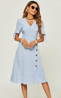 Side Zip Button Detail Floral Print Midi Wrap Dress In Blue