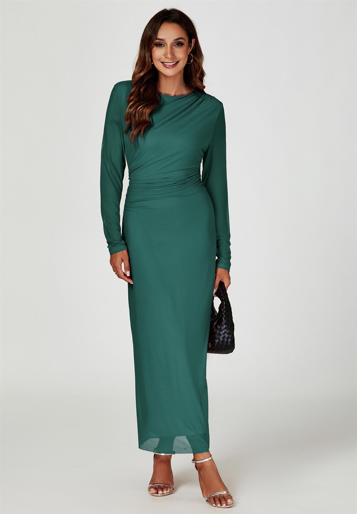 Long Sleeves Mesh Maxi Dress In Green
